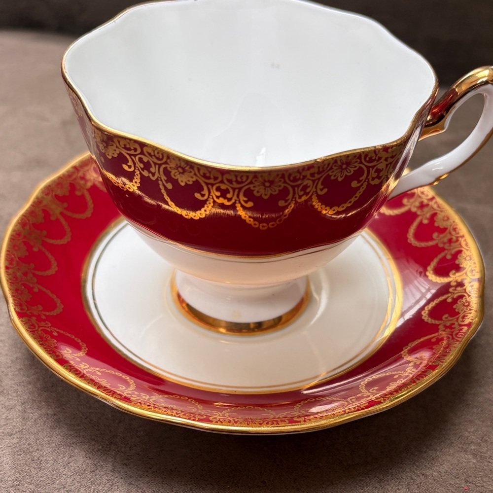 Antique bone china Salisbury Elegant Red and Gold Teacup and Saucer Set